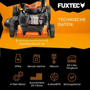 FUXTEC FX-RM5196 – 4in1 Benzin-Rasenmäher mit Antrieb, 196 ccm, 6 PS